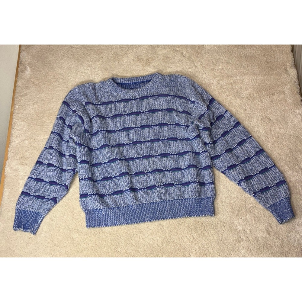 Vintage Blue Textured Knit Sweater - M - Striped Crew Neck Retro 90s GrandpaCore